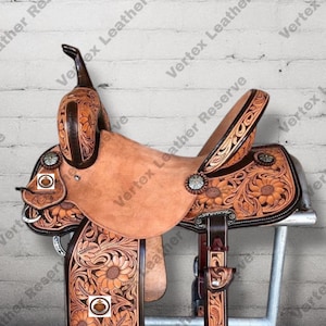 Hand Tooled Sunflower Western Leather Barrel Saddle With Matching Headstall, Breast Collar, Reins & Girth, 10" to 18" Inch Seat.