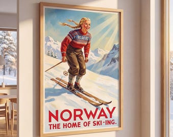 Vintage Noorse skiposter - Retro Scandinavische reisafdruk - muurkunst Nordic Woman Ski