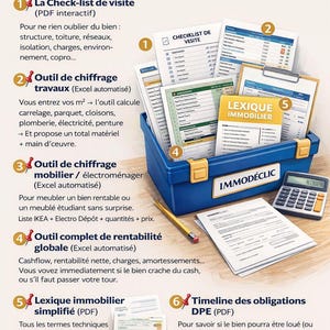 Peut inclure: Une boîte à outils bleue remplie de documents, d'une calculatrice et d'un crayon. Les documents comprennent des listes de contrôle, des feuilles de calcul et un lexique immobilier. Le texte sur la boîte se lit "CE QUE CONTIENT LA BOÎTE À OUTILS."