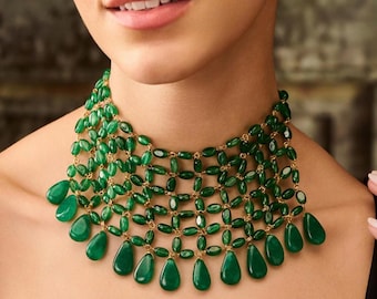 Collana girocollo verde smeraldo di grande effetto / Collana a più fili con pietre preziose / Gioielli boho di lusso