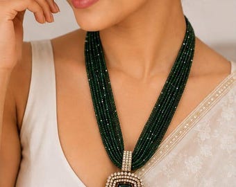 Conjunto de collar llamativo de piedra verde, collar de cuentas de múltiples hebras, joyería nupcial, regalo para mujer.