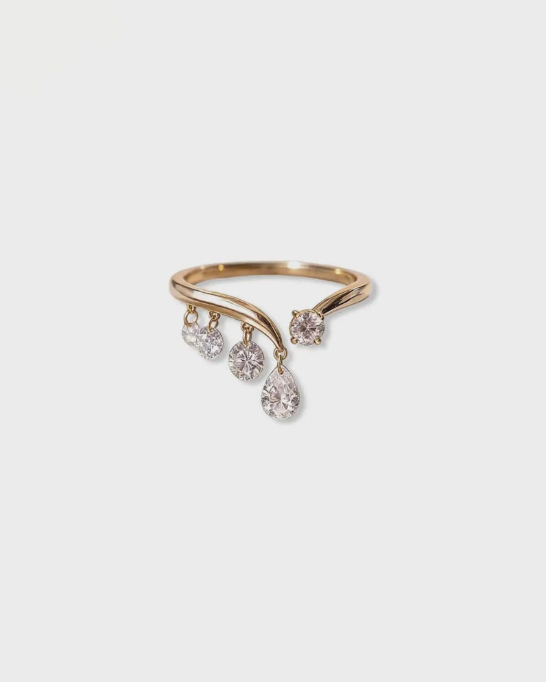 14K Gold Pear & Round Lab Diamond Open Band Ring, Modern Cascade ...