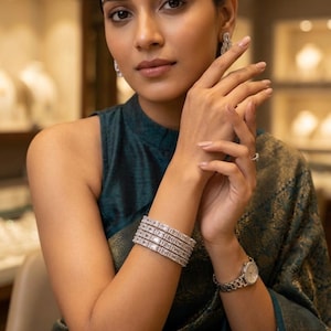 Silver Diamond Tennis Bracelet, Multi Row Crystal Bracelet, Elegant Statement Bangles Gift for Her