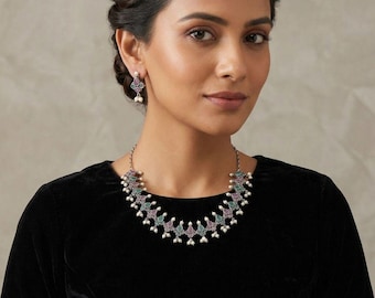 Conjunto de collar llamativo floral vintage, joyería de piedra multicolor con pendientes, collar colgante de perlas,