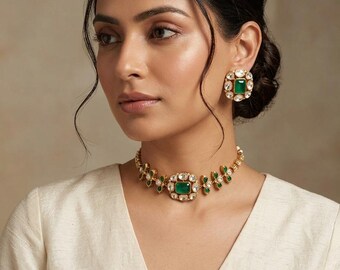 Emerald Kundan Choker Necklace Set, Green Stone Bridal Jewelry, Traditional Indian Gift
