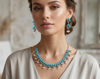 Conjunto de gargantilla azul turquesa, joyería con perlas colgantes de plata oxidada, collar llamativo de estilo tribal bohemio.