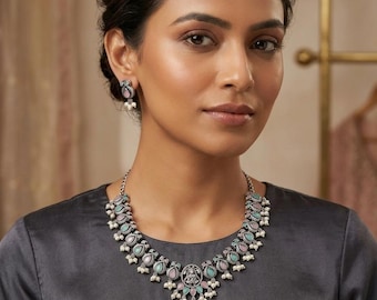 Pastell Stein Halskette Set, Antikes Kundan, Mint Rosa Braut Halskette, Vintage ethnischen Schmuck