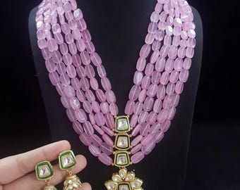 Pink Kundan Beaded Necklace Set: Antique Gold Indian Bridal Jewelry