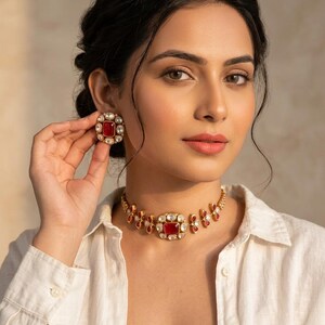 Ruby Kundan Choker Necklace Set, Gold Bridal Jewelry, Statement Indian Wedding , Vintage Festive Jewelry