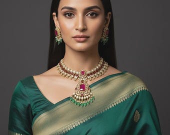 Hot Pink Kundan Choker Set | Indian Bridal Jewelry with Green Beads