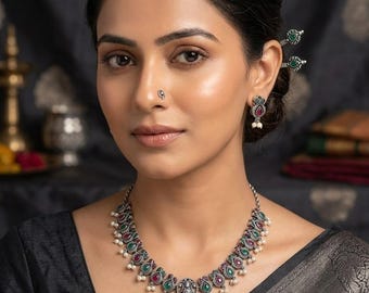 Oxidized Silver Multicolor Necklace Set, Temple Jewelry, Red Green Stone Statement Necklace,