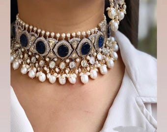 Kundan Choker Set: Polki, Turquoise, and Pearls - Includes Earrings