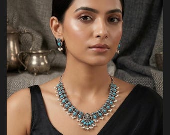 Conjunto de collar de turquesa y plata oxidada, joyería tribal bohemia, collar étnico indio, regalo para ella.