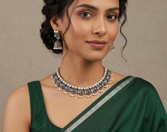 Set geoxideerd zilveren choker | Tribale parelsieraden | Indiase etnische ketting met Jhumka-oorbellen |