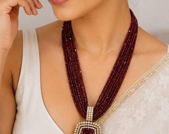 Conjunto de collar de múltiples hebras color rojo rubí / Joyería india llamativa / Collar de boda nupcial