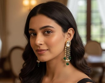 Élégantes boucles d'oreilles kundan en perles vertes pour femme, boucles d'oreilles pendantes en perles indiennes pour tenues de mariée