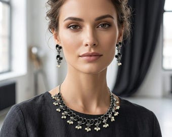 Black Onyx Oxidized Necklace Set, Boho Statement Jewelry, Indian Handmade Bridal Gift for Women