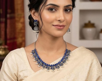 Set di collana blu ossidata, girocollo vintage in argento, collana indiana di tendenza, regalo per lei