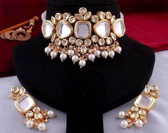 Kundan Choker Necklace Set: Pearl & Gold Plated Indian Bridal Jewelry