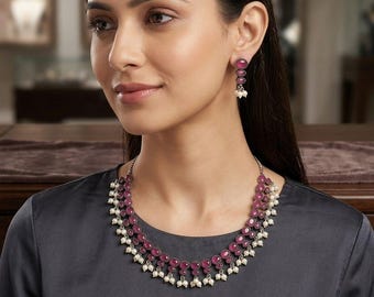 Conjunto de collar rosa rubí, joyas llamativas con perlas colgantes, regalo para damas de honor.