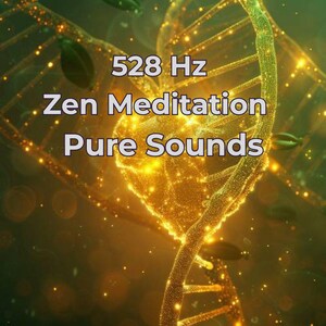 Może przedstawiać: Abstrakcyjny obraz ze złotą helisą DNA i jasnym, centralnym kształtem. Biały tekst głosi "528 Hz Zen Meditation Pure Sounds", wskazując na medytację i czyste dźwięki dla relaksu i dobrego samopoczucia.
