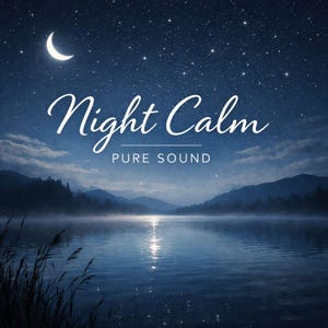Puede incluir: Una serena escena nocturna con una luna creciente y estrellas sobre un lago en calma. Las palabras "Night Calm" y "Pure Sound" están escritas en blanco, sugiriendo un tema de tranquilidad y relajación. La imagen evoca una sensación de paz.