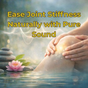 Peut inclure: Image publicitaire pour la santé des articulations. L'image montre un genou touché doucement, avec le texte "Soulager la raideur articulaire naturellement avec Pure Sound". Une pile de pierres et une fleur de lotus rose sont au premier plan.