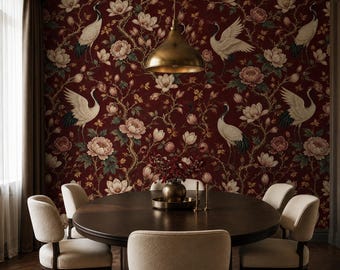 Behang voor de eetkamer | Burgundy Crane Magnolia Chinoiserie Bloemen