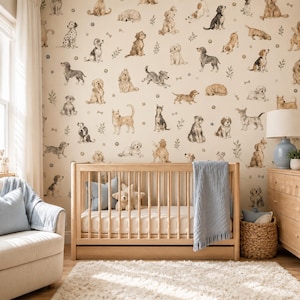May include: A light-colored wallpaper featuring a repeating pattern of various dog breeds in watercolor style, including dachshunds, poodles, and dalmatians, interspersed with small botanical sprigs, bones, and ball icons on a cream background.