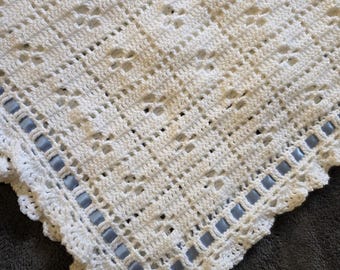 Call the Midwife | Vintage-Inspired Crochet Baby Blanket with Satin Ribbon Trim |Heirloom Nursery Blanket | Handmade Baby Shower Gift