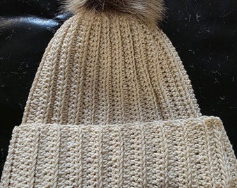 Beige Cotton Crocheted Hat with Removable Pom Pom