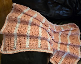 Ultra Soft Peach and White Crochet Baby Blanket