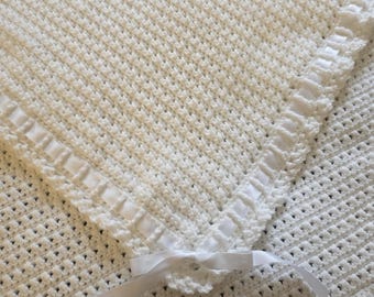 Heirloom Grace Crochet Christening Blanket with Satin Ribbon | White Baby Blanket | Baptism Gift | Handmade Baby Shower Gift