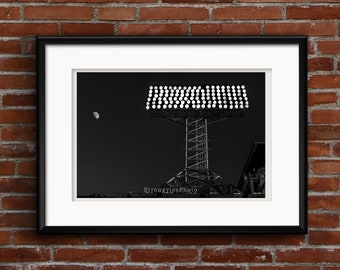 Fenway Park stadium lights at night with moon, black and white photo, Boston Red Sox, StrongylosPhoto