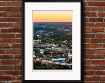 Fenway Park at dusk, view from Prudential Center, orange sky, Boston skyline, StrongylosPhoto fine art photography