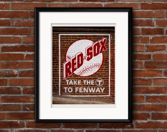 Take the T to Fenway photo Red Sox, white baseball painted on brick at Fenway Park, StrongylosPhoto, Free Shipping