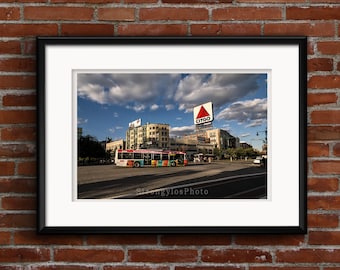 Boston street view, Citgo sign, bus, blue sky and white clouds photo, StrongylosPhoto