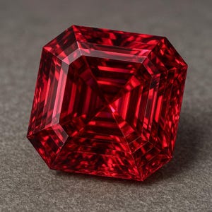 Peut inclure: Une pierre précieuse de taille carrée d'une couleur rouge vive et profonde. La pierre présente un motif de facettes en escalier créant une série de reflets géométriques concentriques rayonnant du centre vers les bords anguleux et nets.
