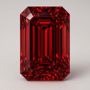 May include: A vibrant, deep red gemstone cut in a rectangular emerald shape. The stone features precise, symmetrical facets that create a series of vertical light and dark reflections across its surface, showcasing a high level of clarity and brilliance.