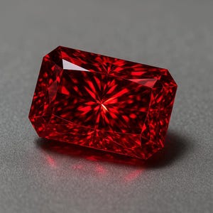 Könnte beinhalten: Ein leuchtend tiefroter Edelstein mit rechteckigem Radiant-Schliff. Der Stein weist komplexe, symmetrische Facetten auf, die ein sternförmiges Muster aus Lichtreflexionen auf der Oberfläche erzeugen und eine brillante, gesättigte Farbe zeigen.