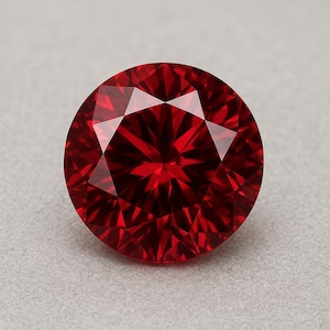 May include: A round, faceted gemstone with a deep, vibrant red color. The stone features a symmetrical, brilliant-cut pattern with numerous triangular and kite-shaped facets that reflect light, creating a complex, star-like geometric display.