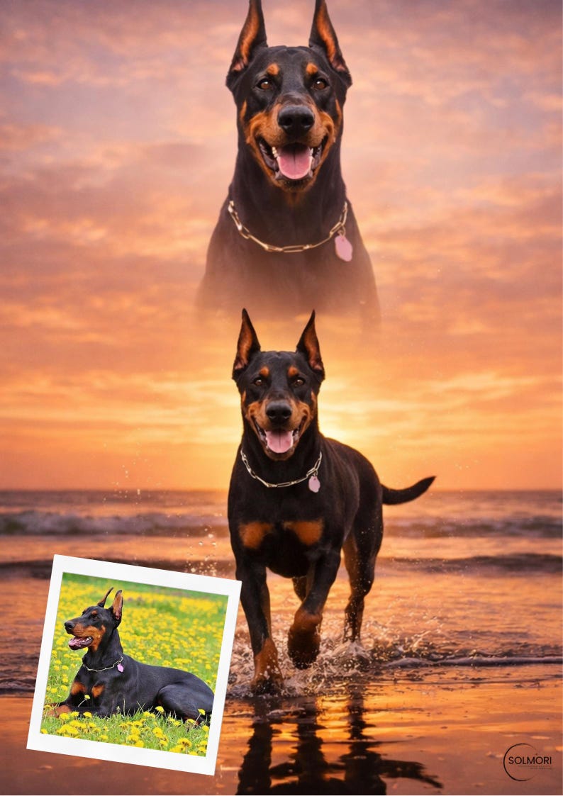 K&ouml;nnte beinhalten: Ein Dobermann Pinscher-Hund mit schwarzem und braunem Fell, der ein silbernes Halsband und ein rosa Etikett tr&auml;gt, rennt bei Sonnenuntergang durch das Wasser. Ein zweites, gr&ouml;&szlig;eres Bild des Hundes befindet sich im Hintergrund. Ein kleineres gerahmtes Bild des Hundes befindet sich unten links.