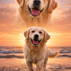 K&ouml;nnte beinhalten: Ein Golden Retriever-Hund, der bei Sonnenuntergang im Meer l&auml;uft, mit einem zweiten Bild des Gesichts des Hundes dar&uuml;ber. Der Hund ist hellbraun mit rosa Zunge, und der Himmel ist orange und gelb.