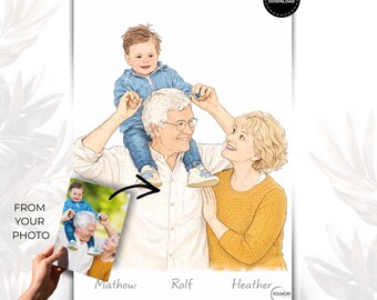 Personalisiertes Familienportrait als Wandbild nach Foto, Illustration mit Großeltern & Kindern, minimal, digitale Lieferung 48h