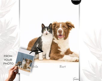 Haustier Wandposter nach Foto, Aquarell Tierportrait Hund & Katze gemeinsam, moderner Kunstdruck, digitale Lieferung in 48 Stunden