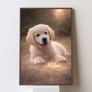 May include: A framed print featuring a Golden Retriever puppy lying down with its tongue out. The puppy has light-colored fur and the name "Milow" is written in cursive at the bottom. The frame is a dark brown color.