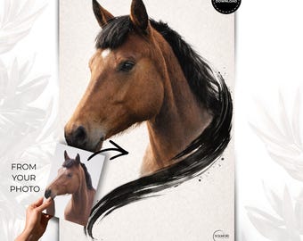 Portret konia na zamówienie, pobranie cyfrowe z dokładnością do zdjęcia, ręcznie rysowana sztuka tuszem, z Twojego zdjęcia, plakat ścienny 8K, dostawa w 48 godzin, prezent do druku