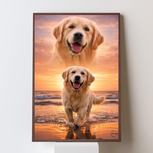 K&ouml;nnte beinhalten: Ein gerahmter Druck mit zwei Golden Retrievern. Das obere Bild zeigt eine Nahaufnahme des Gesichts eines Hundes vor einem Sonnenuntergangshimmel. Das untere Bild zeigt einen Hund, der am Strand bei Sonnenuntergang l&auml;uft. Der Rahmen ist braun.