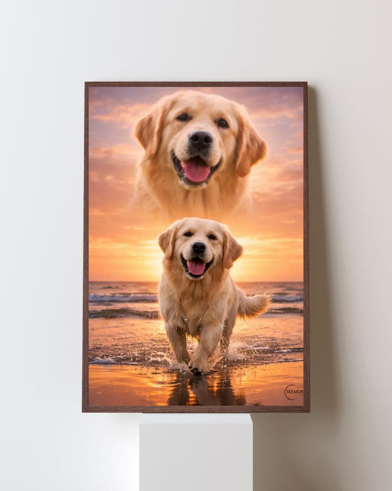 K&ouml;nnte beinhalten: Ein gerahmter Druck mit zwei Golden Retrievern. Das obere Bild zeigt eine Nahaufnahme des Gesichts eines Hundes vor einem Sonnenuntergangshimmel. Das untere Bild zeigt einen Hund, der am Strand bei Sonnenuntergang l&auml;uft. Der Rahmen ist braun.
