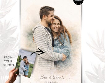 Personalisiertes Paar Portrait als Wandposter nach Foto、sanfte Aquarell Illustration、モダン & ミニマル、8K Datei、48 Stunden でダウンロード